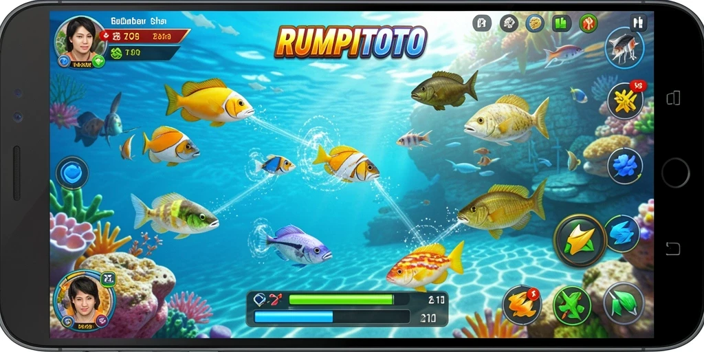 Tampilan permainan RUMPITOTO yang seru dengan aksi Tembak Ikan.